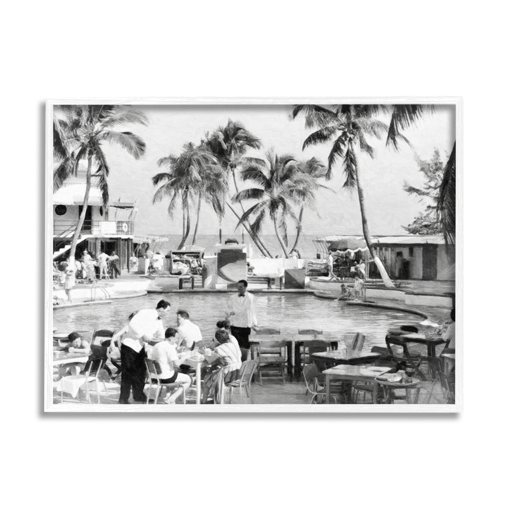 Vintage Tropical Beach Resort Black and White Framed Canvas Print