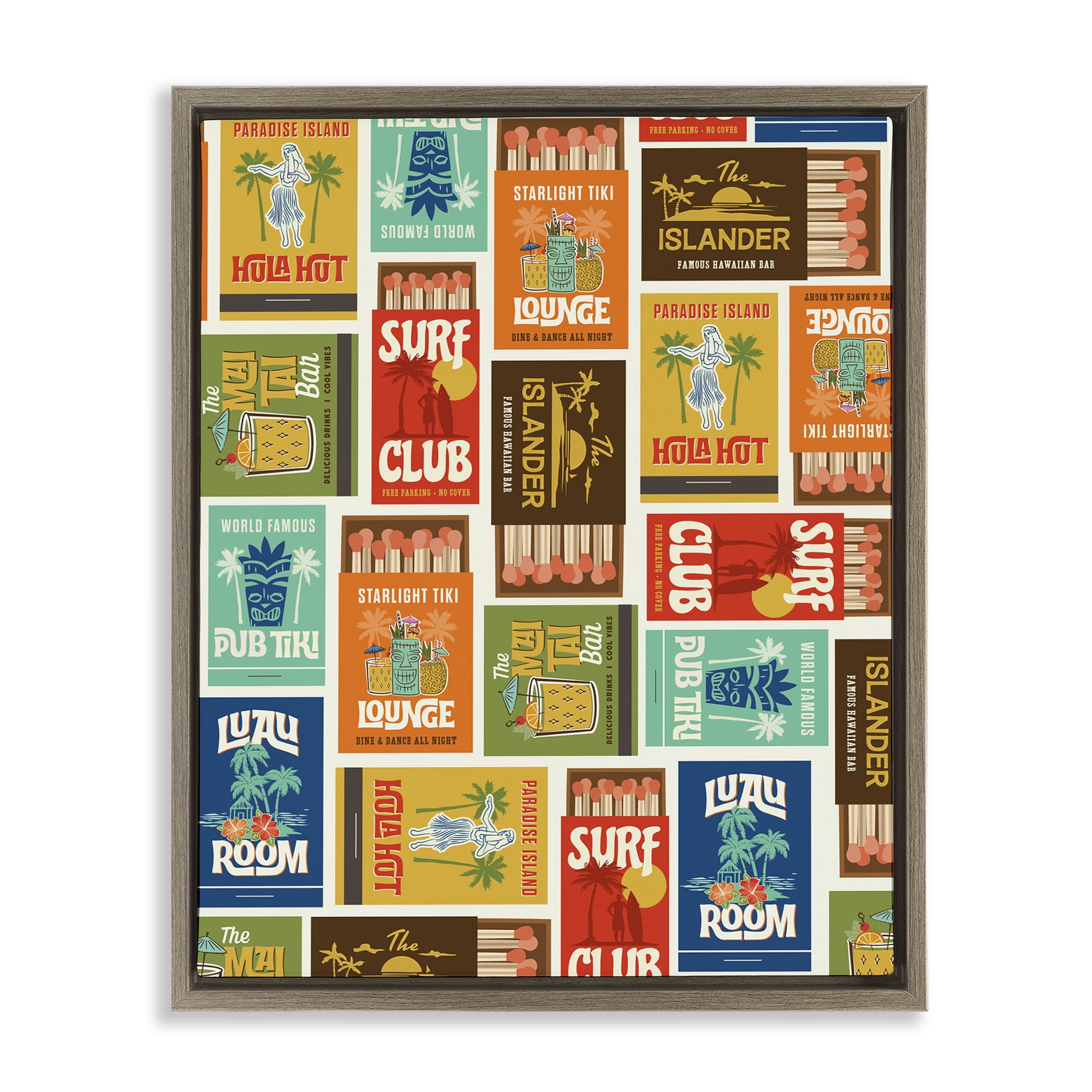 Stupell Industries Vintage Tropical Match Boxes Brown Framed Floater Canvas Wall Art, design by Emily Dumas