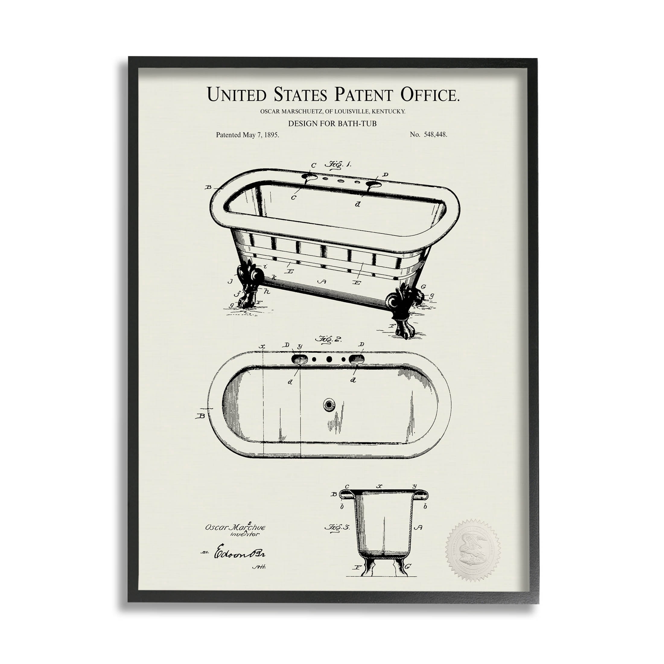 Stupell Industries Vintage Tub Bathroom Diagram Graphic Art Black Framed Art Print Wall Art, Design by Karl Hronek