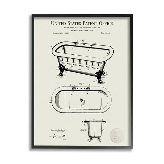 Stupell Industries Vintage Tub Bathroom Diagram Graphic Art Black Framed Art Print Wall Art, Design by Karl Hronek