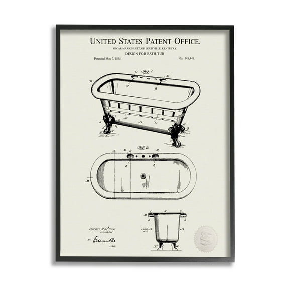 Stupell Industries Vintage Tub Bathroom Diagram Graphic Art Black Framed Art Print Wall Art, Design by Karl Hronek