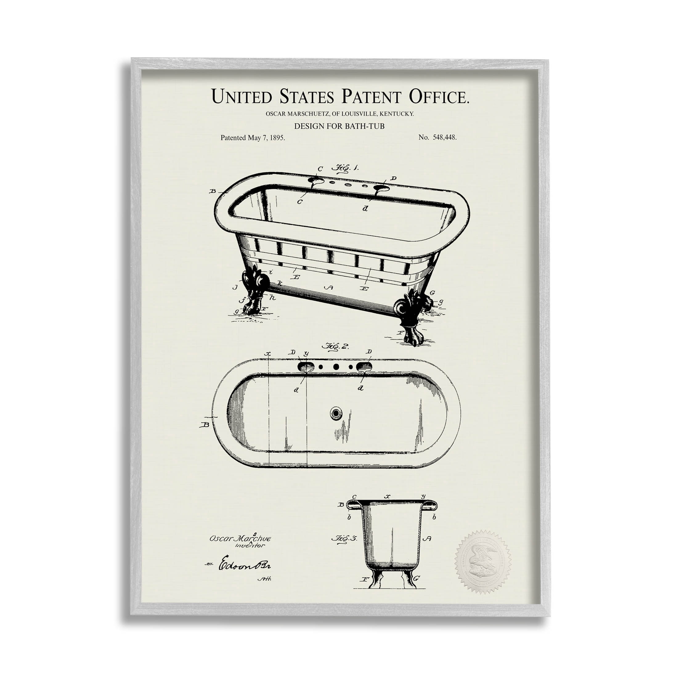 Stupell Industries Vintage Tub Bathroom Diagram Graphic Art Gray Framed Art Print Wall Art, Design by Karl Hronek