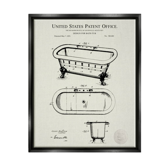Stupell Industries Vintage Tub Bathroom Diagram Graphic Art Jet Black Floating Framed Canvas Print Wall Art, Design by Karl Hronek