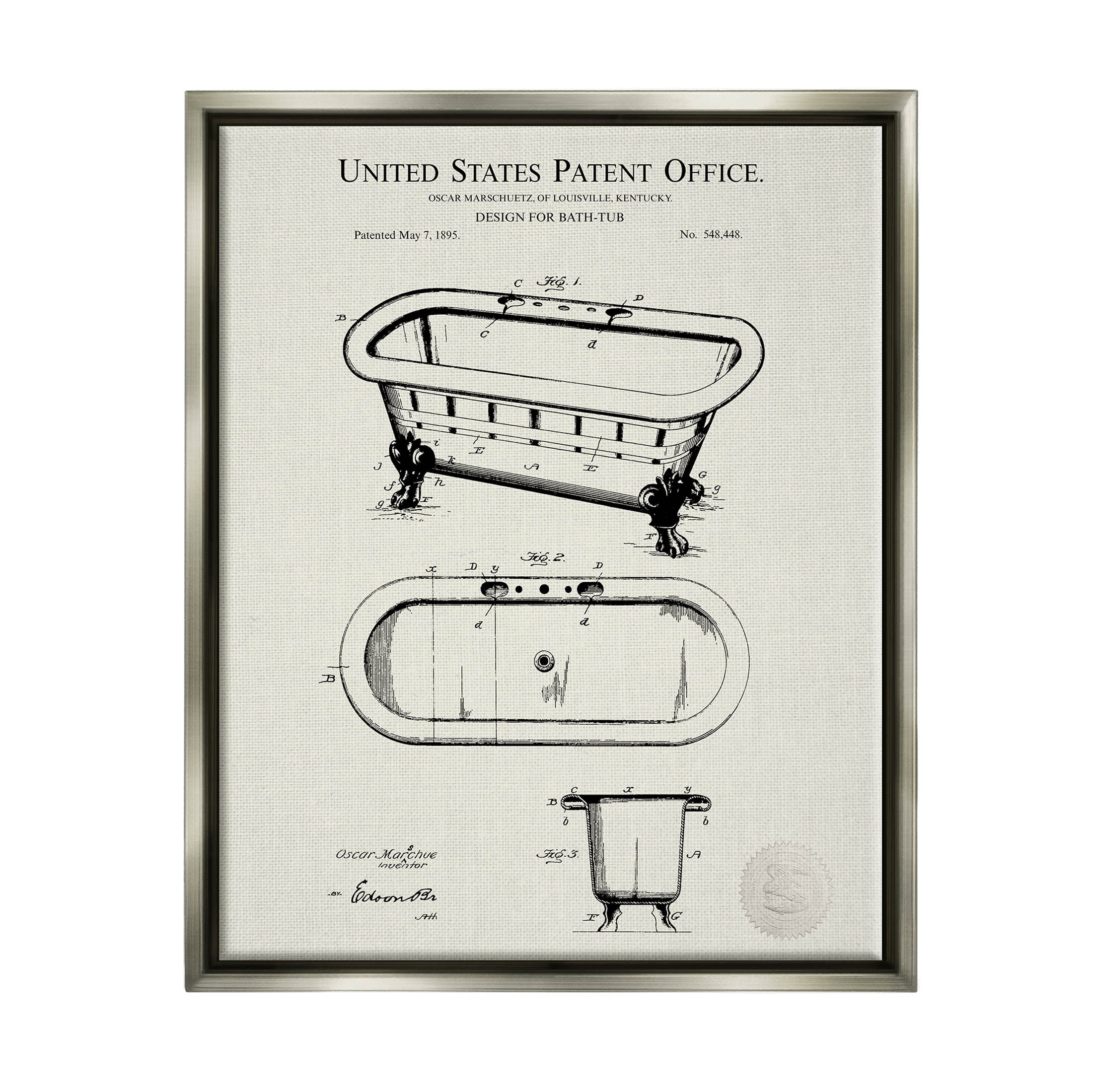 Stupell Industries Vintage Tub Bathroom Diagram Graphic Art Luster Gray Floating Framed Canvas Print Wall Art, Design by Karl Hronek