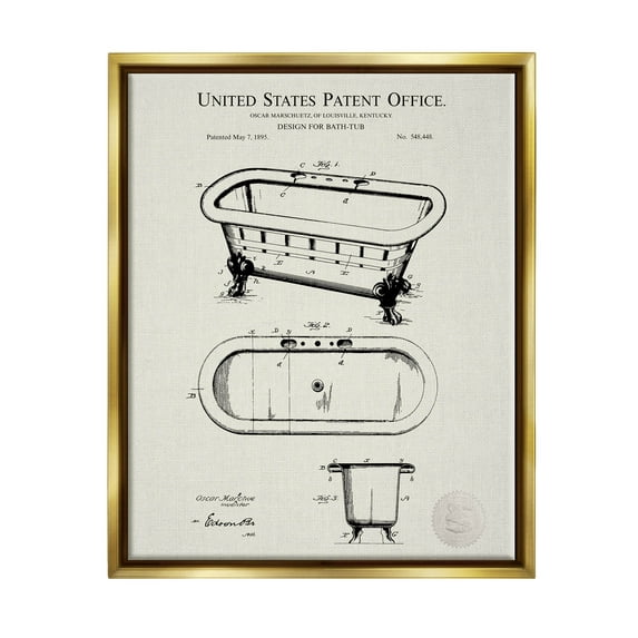 Stupell Industries Vintage Tub Bathroom Diagram Graphic Art Metallic Gold Floating Framed Canvas Print Wall Art, Design by Karl Hronek