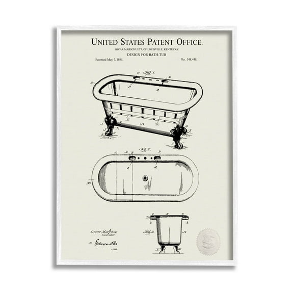 Stupell Industries Vintage Tub Bathroom Diagram Graphic Art White Framed Art Print Wall Art, Design by Karl Hronek