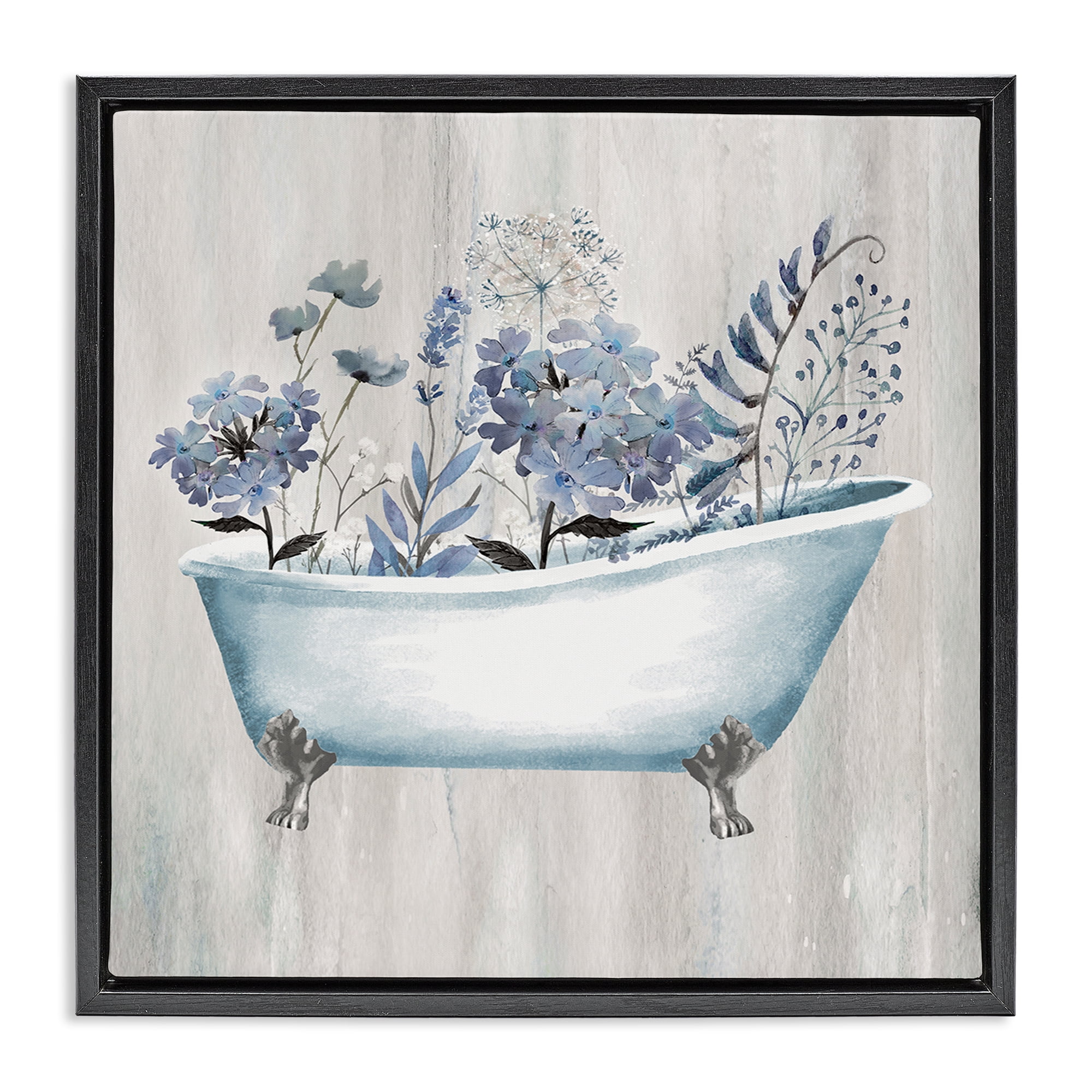 Stupell Industries Vintage Tub & Blue Florals Bath & Laundry Painting Black Floater Framed Canvas Art Print Wall Art, 25 x 25
