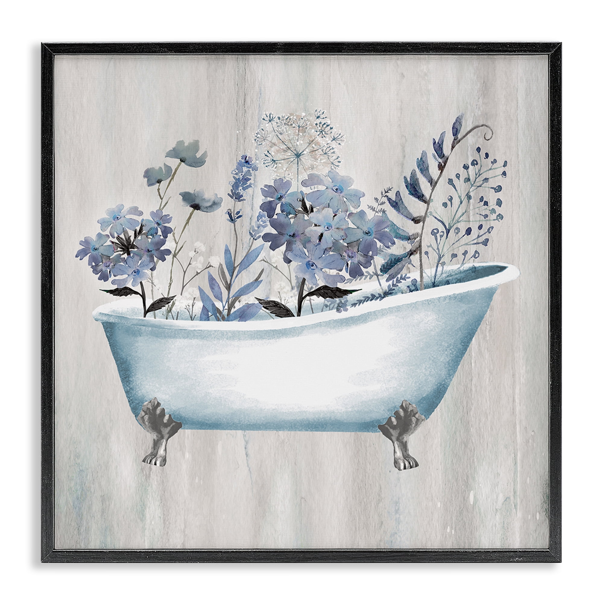 Stupell Industries Vintage Tub & Blue Florals Bath & Laundry Painting Black Framed Art Print Wall Art, 17 x 17