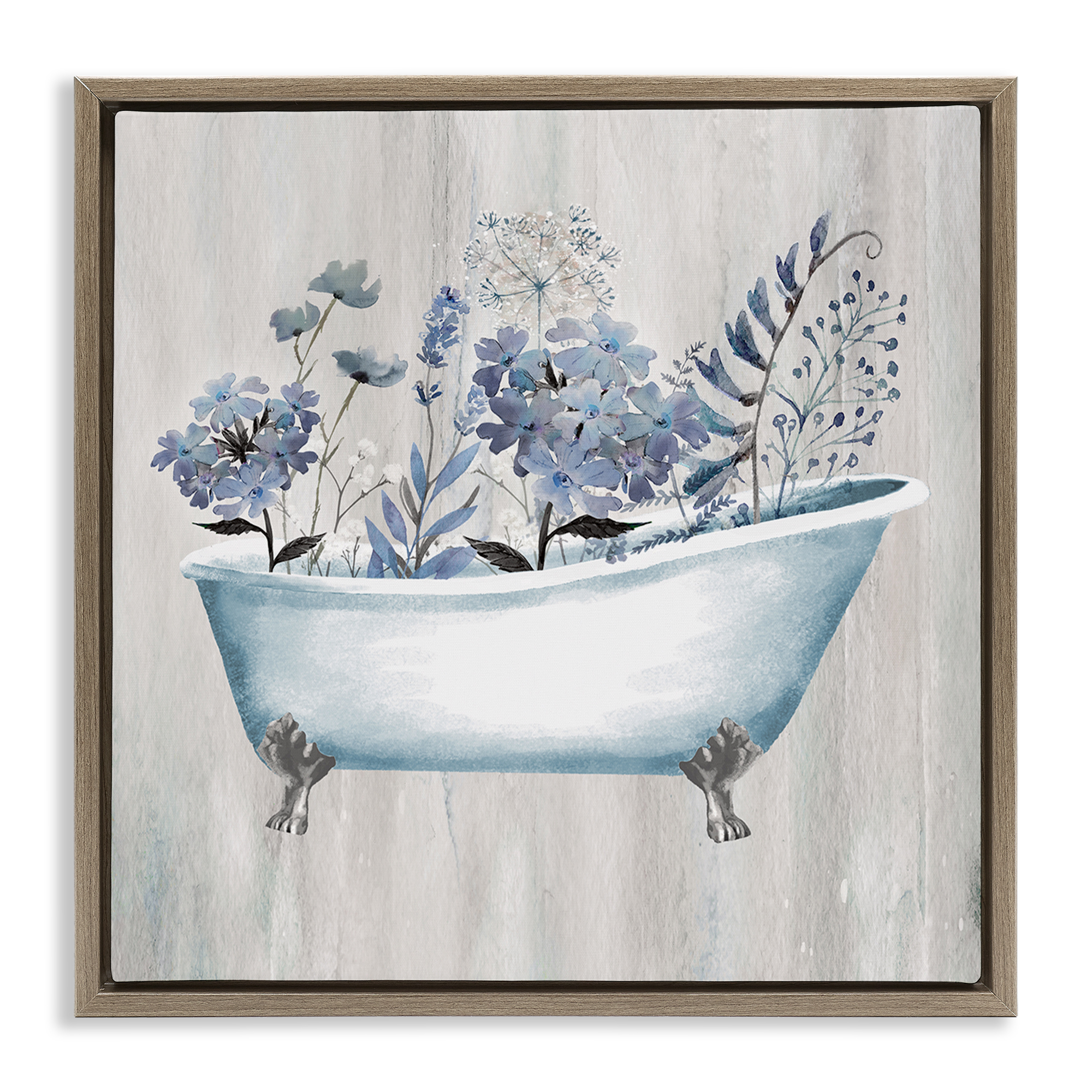 Stupell Industries Vintage Tub & Blue Florals Bath & Laundry Painting Brown Floater Framed Canvas Art Print Wall Art, 25 x 25