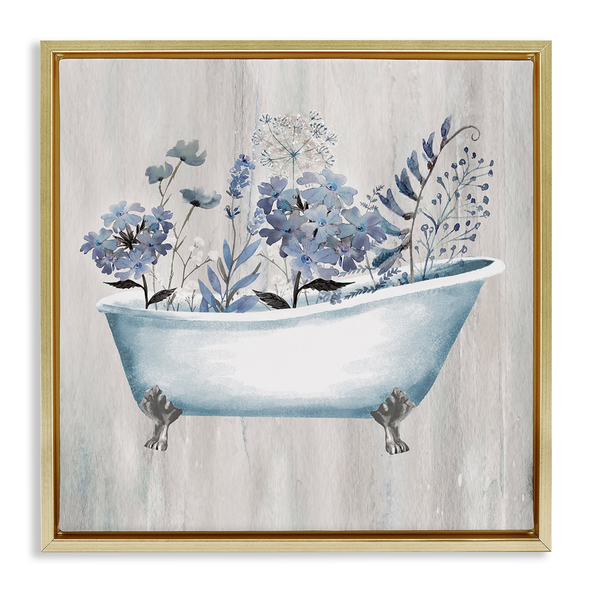 Stupell Industries Vintage Tub & Blue Florals Bath & Laundry Painting Gold Floater Framed Canvas Art Print Wall Art, 25 x 25