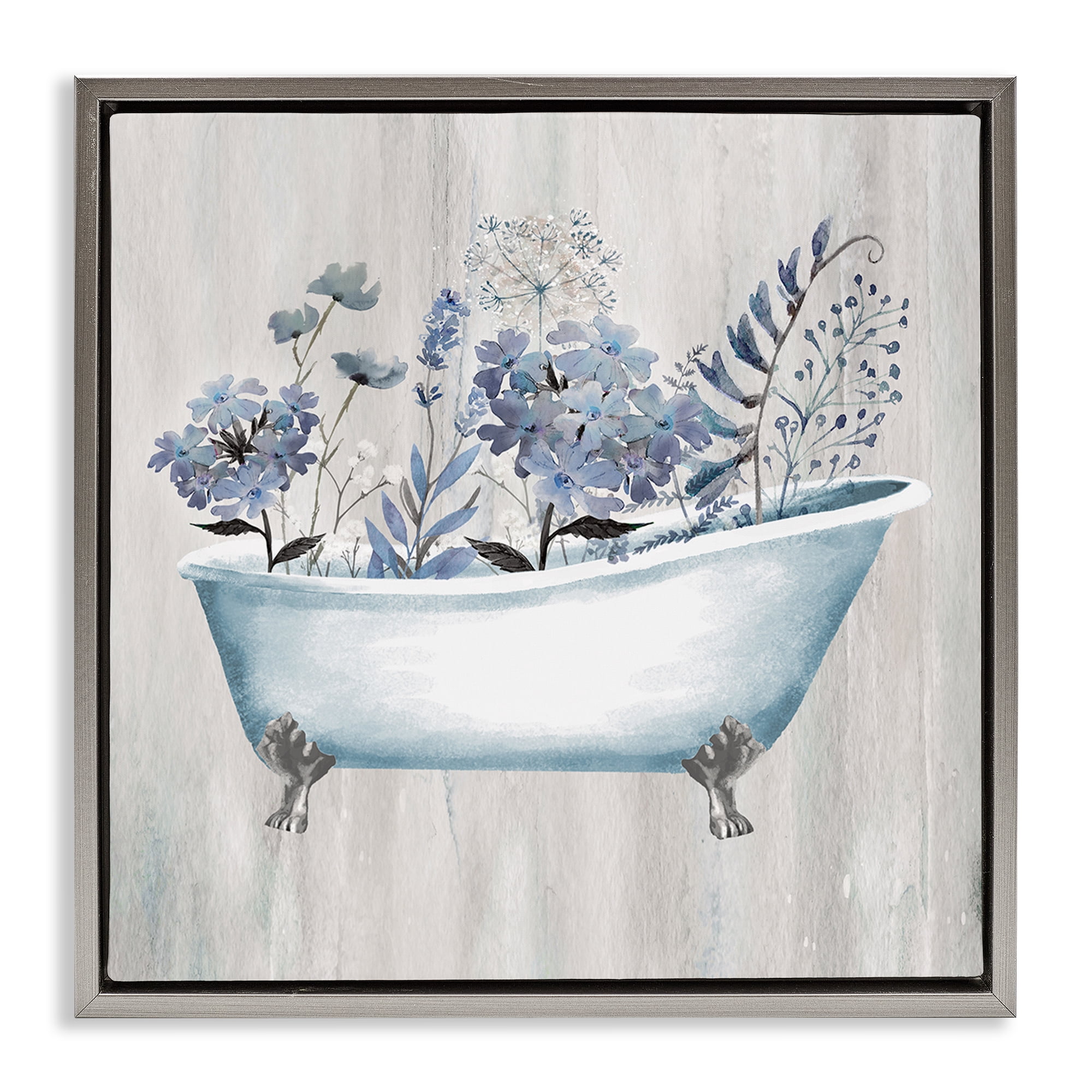Stupell Industries Vintage Tub & Blue Florals Bath & Laundry Painting Gray Floater Framed Canvas Art Print Wall Art, 25 x 25