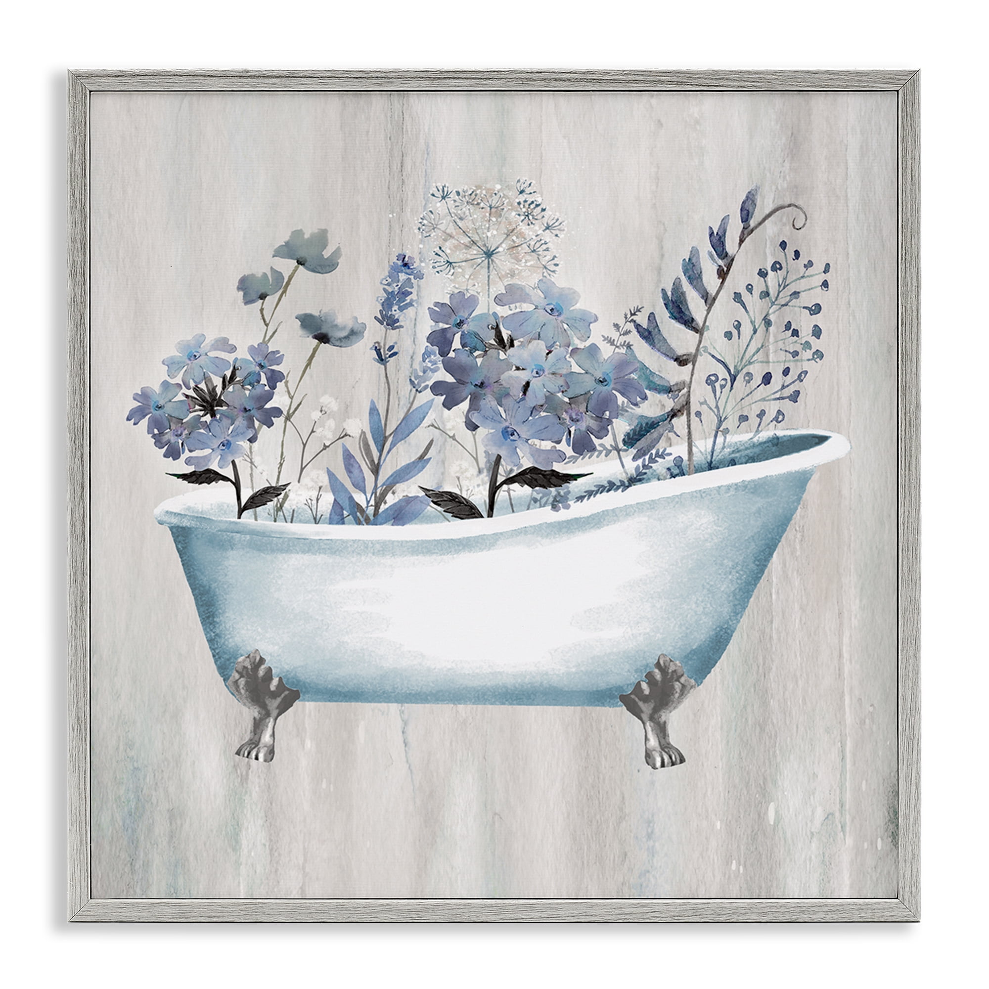 Stupell Industries Vintage Tub & Blue Florals Bath & Laundry Painting Gray Framed Art Print Wall Art, 12 x 12