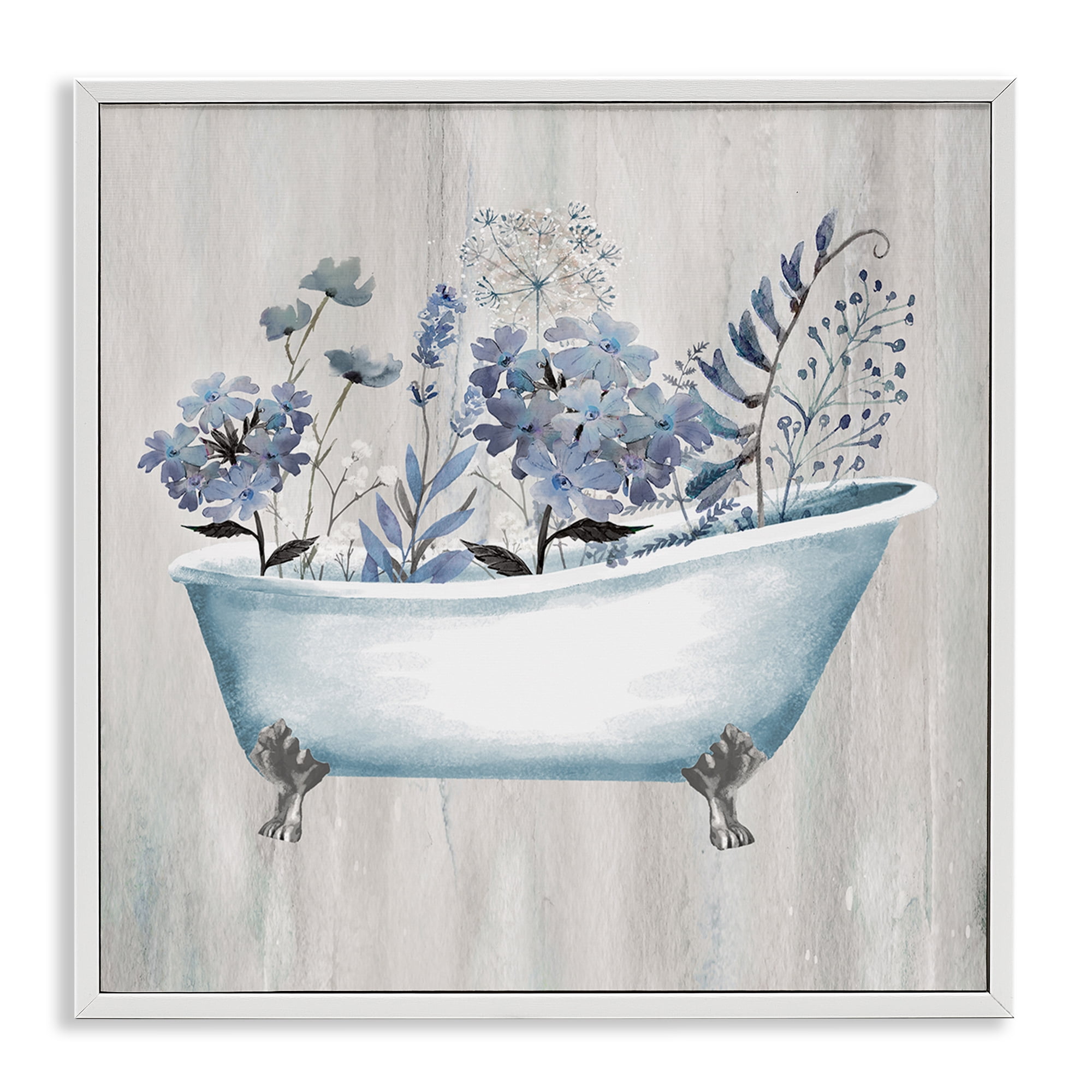 Stupell Industries Vintage Tub & Blue Florals Bath & Laundry Painting White Framed Art Print Wall Art, 24 x 24