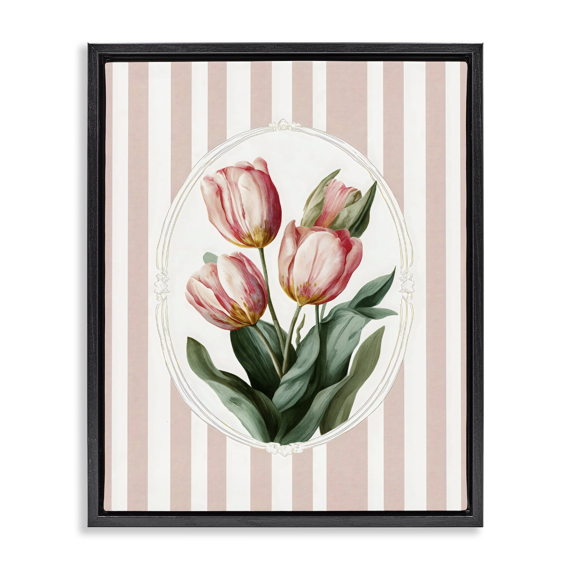 Stupell Industries Vintage Tulips on Stripes Black Framed Floater Canvas Wall Art, design by Ink Drop Loft
