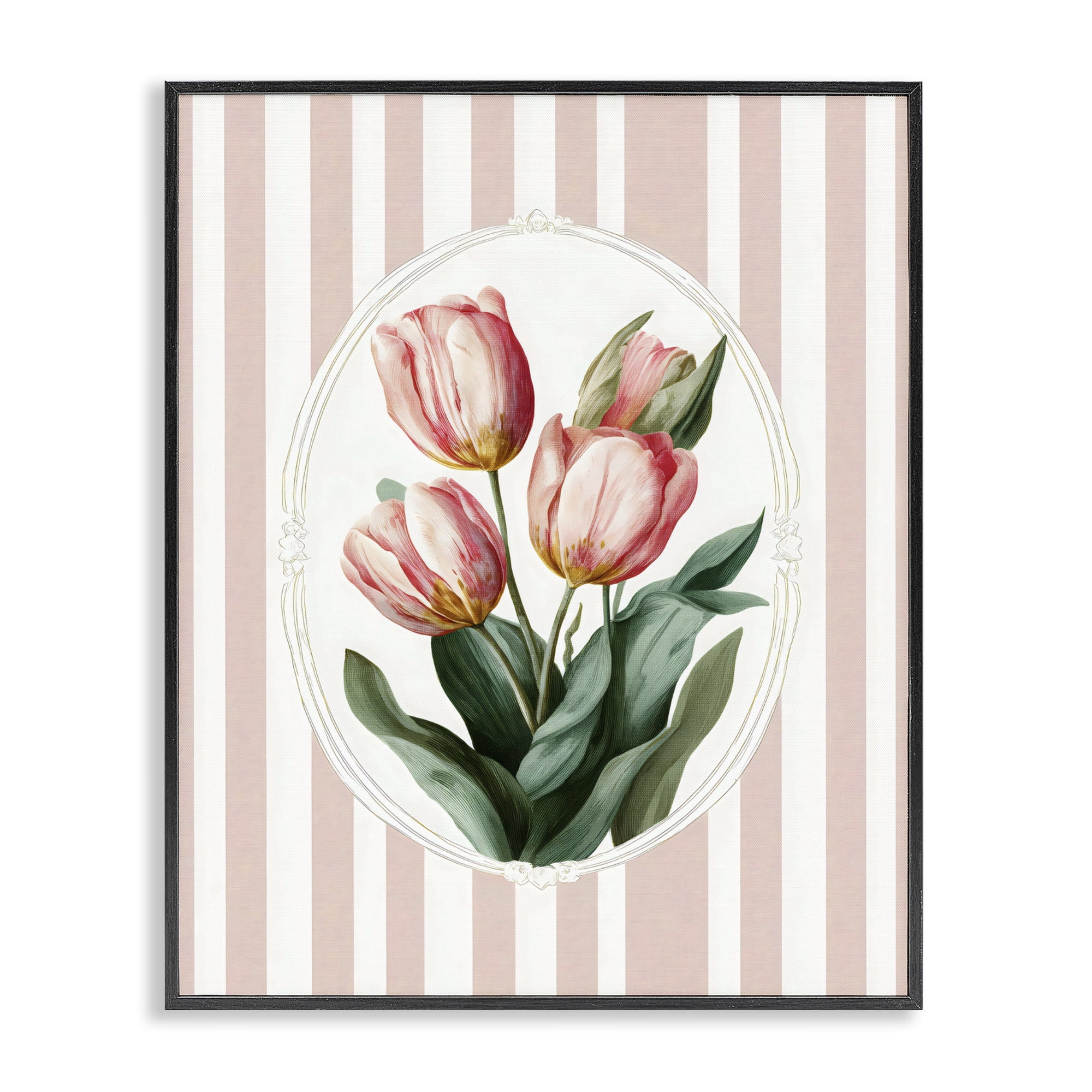 Stupell Industries Vintage Tulips on Stripes Black Framed Giclee Art, design by Ink Drop Loft