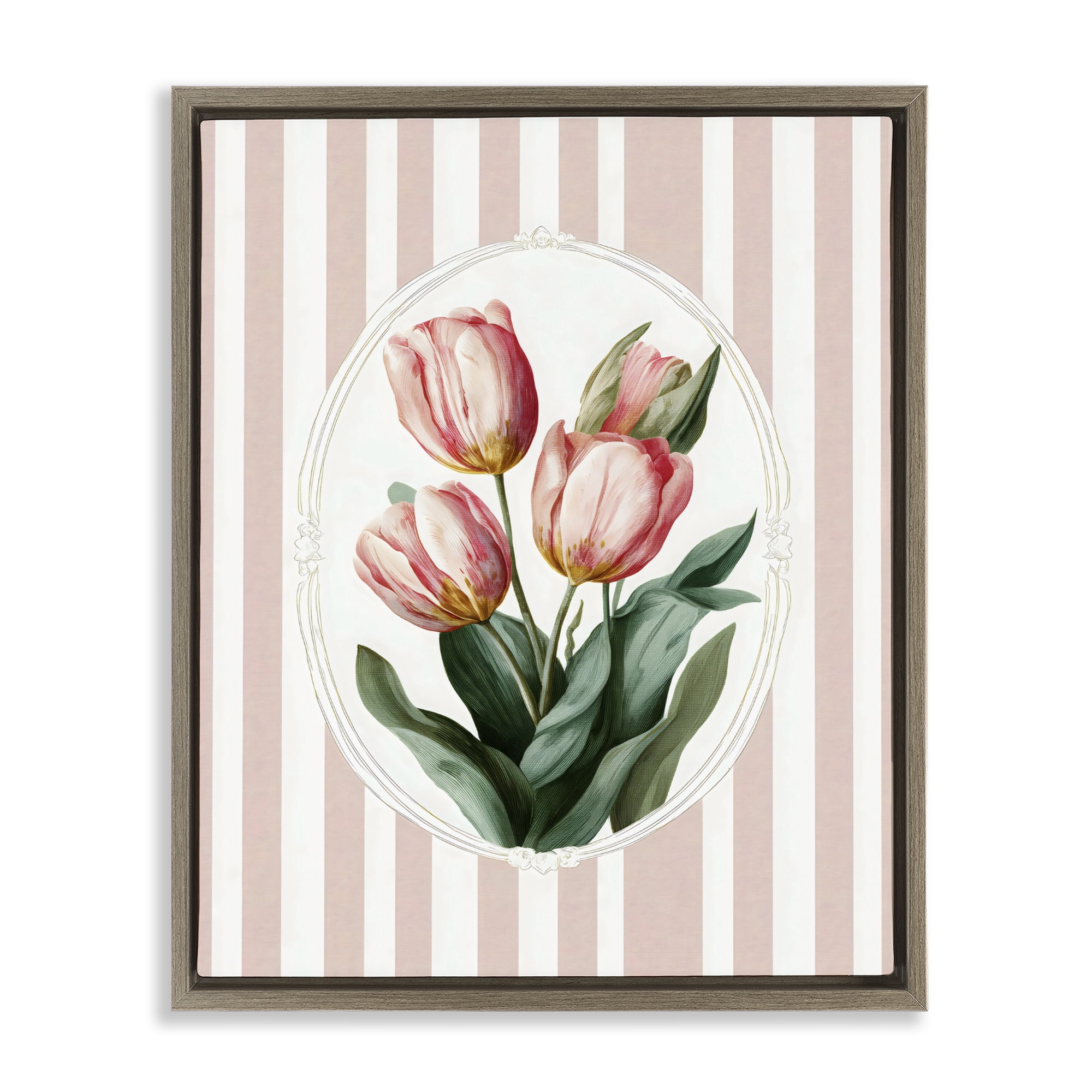 Stupell Industries Vintage Tulips on Stripes Brown Framed Floater Canvas Wall Art, design by Ink Drop Loft
