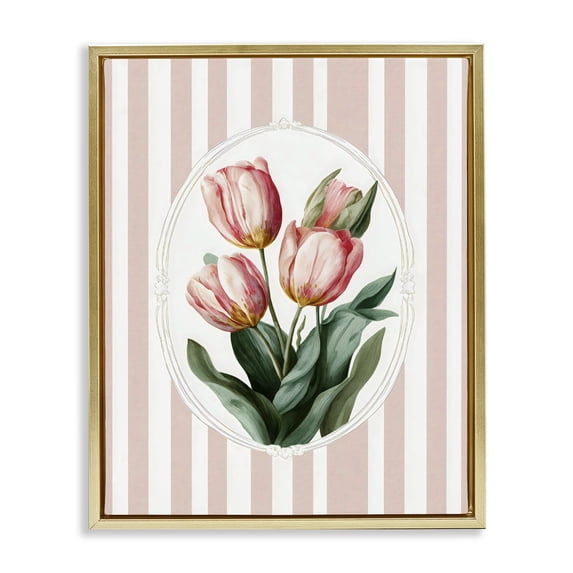 Stupell Industries French Country Vintage Tulips on Stripes Gold Floating Frame Canvas Art, 25 x 31, by Ink Drop Loft