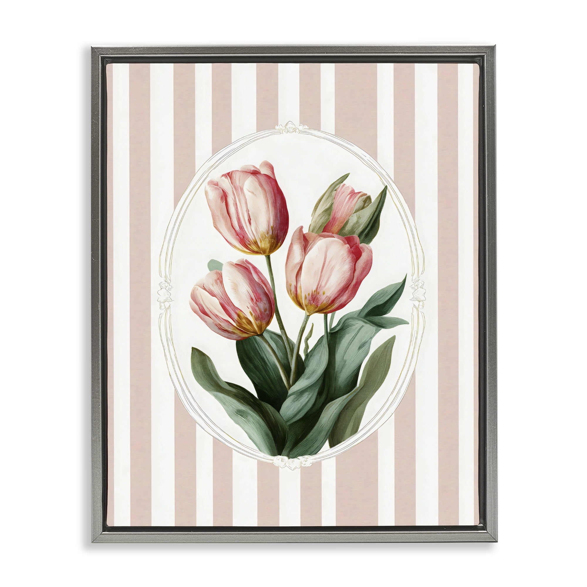 Stupell Industries Vintage Tulips on Stripes Gray Framed Floater Canvas Wall Art, design by Ink Drop Loft
