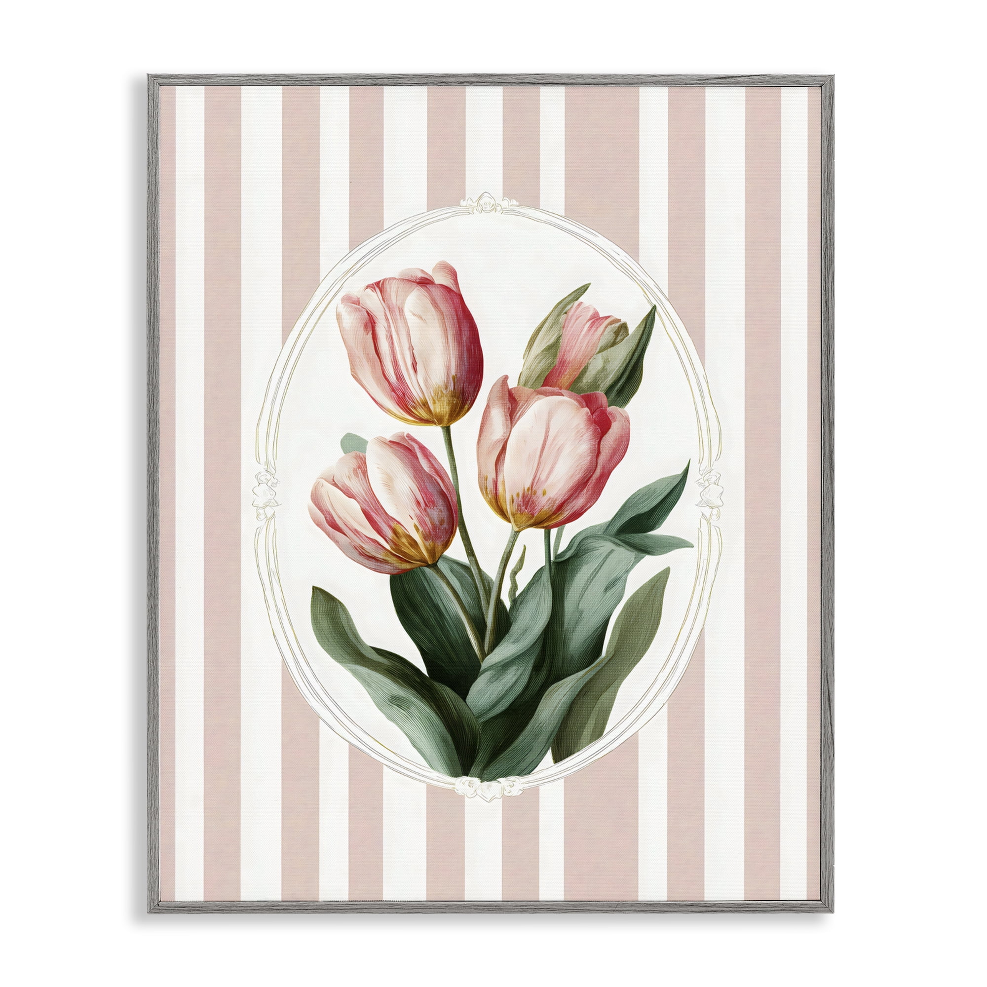 Stupell Industries Vintage Tulips on Stripes Gray Framed Giclee Art, design by Ink Drop Loft