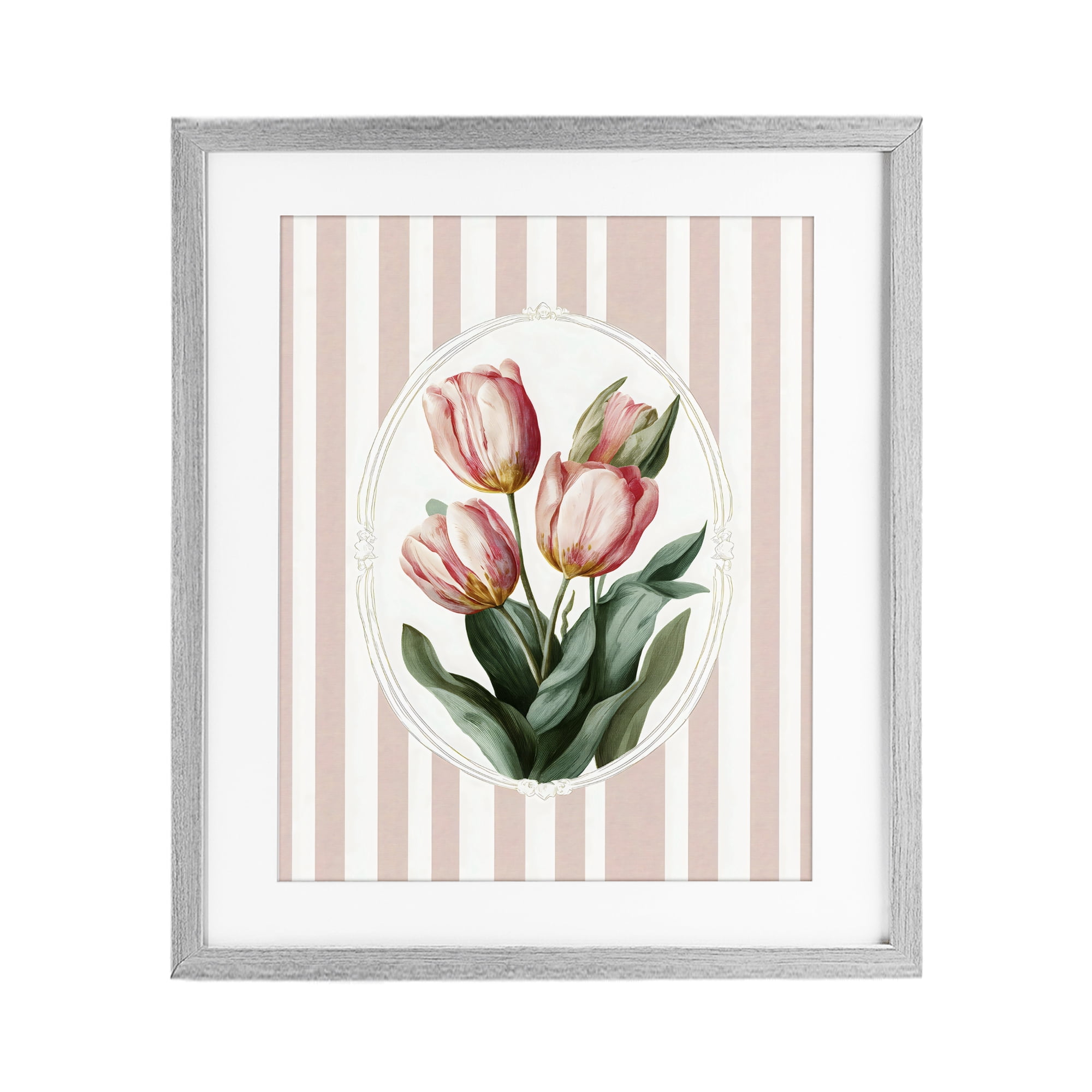 Stupell Industries Vintage Tulips on Stripes Gray Framed Print Under Glass, design by Ink Drop Loft