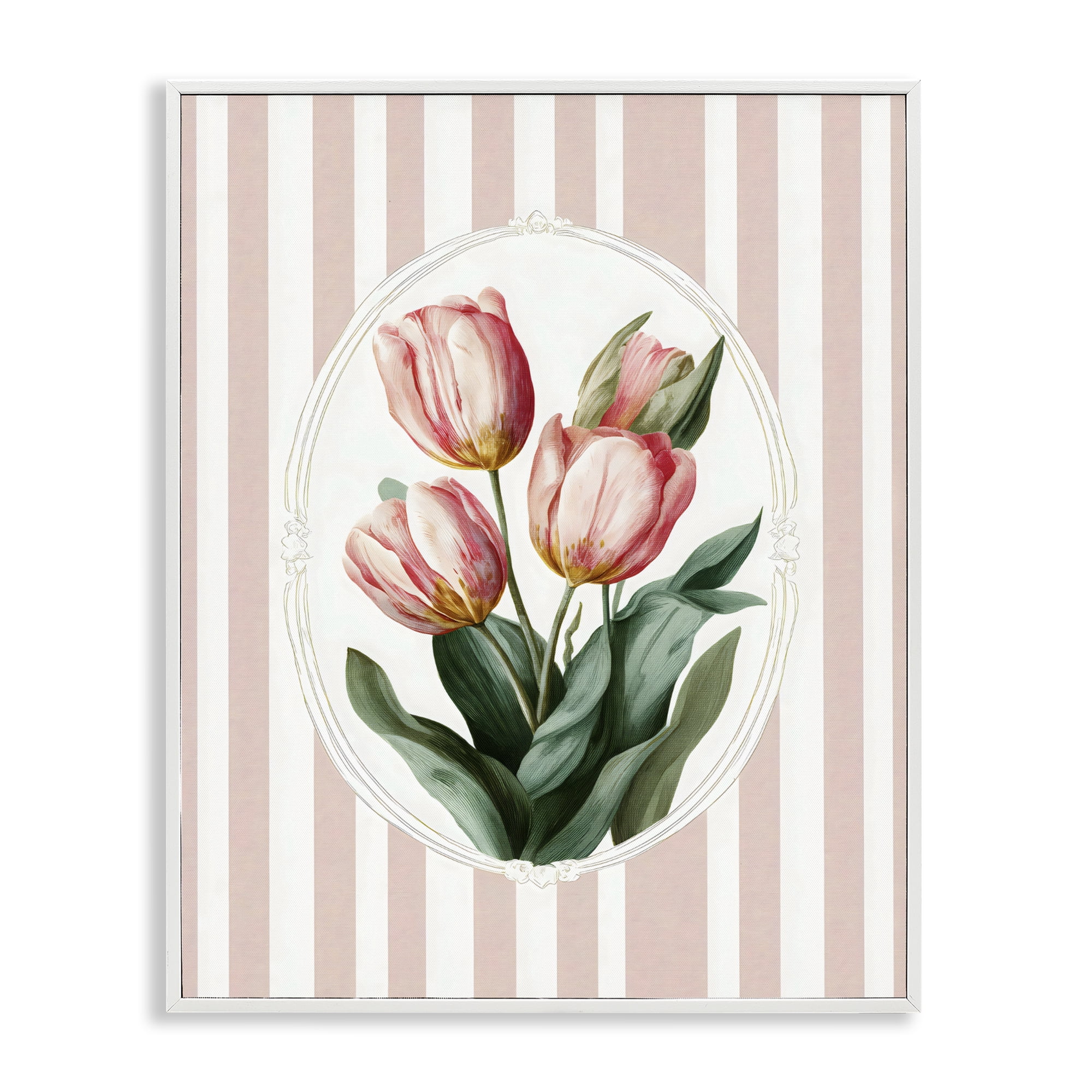 Stupell Industries Vintage Tulips on Stripes White Framed Giclee Art, design by Ink Drop Loft