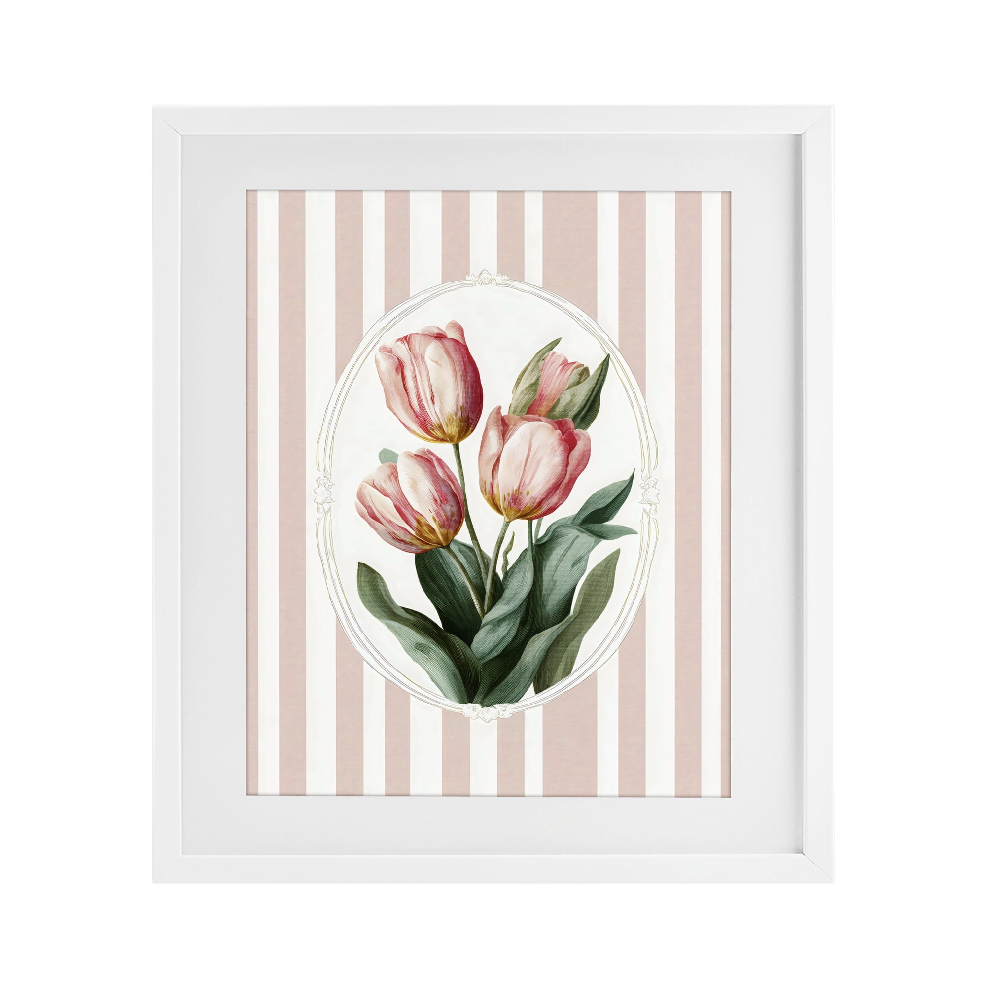 Stupell Industries Vintage Tulips on Stripes White Framed Print Under Glass, design by Ink Drop Loft