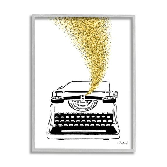 Stupell Industries Vintage Typewriter Illustration Golden Glam Glitz Splatter Graphic Art Gray Framed Art Print Wall Art, 24x30, by Martina Pavlova