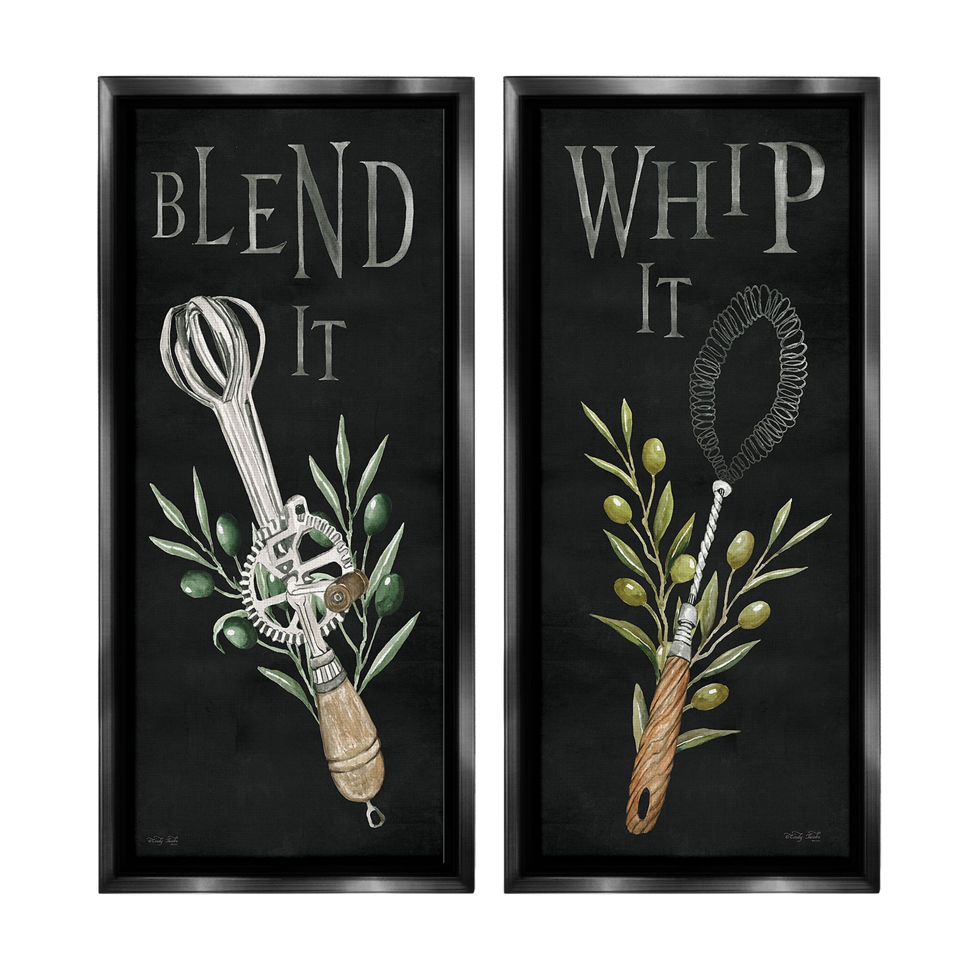 Stupell Industries Vintage Utensil Phrases Botanical & Floral Painting Black Floater Framed Canvas Art Print Wall Art, 14 x 31, Set of 2