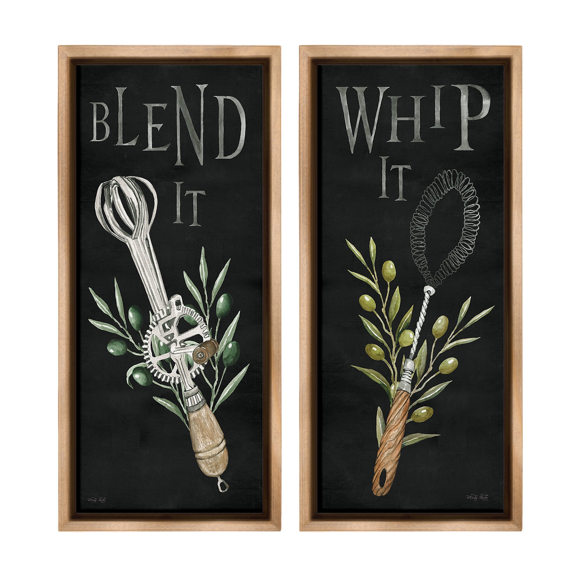 Stupell Industries Vintage Utensil Phrases Botanical & Floral Painting Brown Floater Framed Canvas Art Print Wall Art, 11 x 25, Set of 2