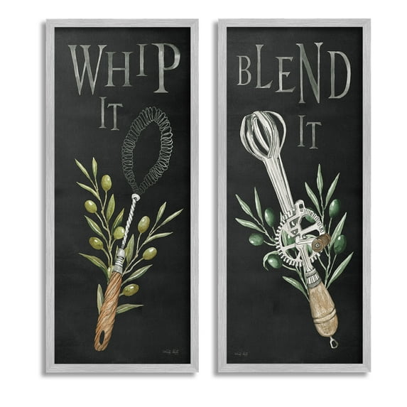 Stupell Industries Vintage Utensil Phrases Botanical & Floral Painting Gray Framed Art Print Wall Art, 10 x 24, Set of 2