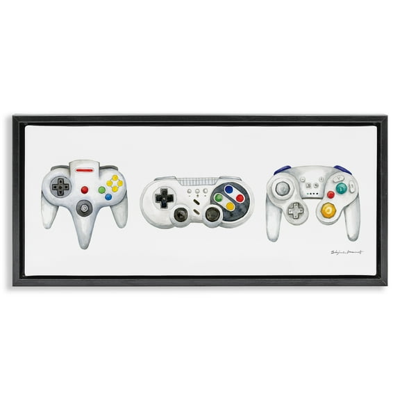Stupell Industries Vintage Video Game Controllers Art for Kids Painting Black Floater Framed Canvas Art Print Wall Art, 25 x 11