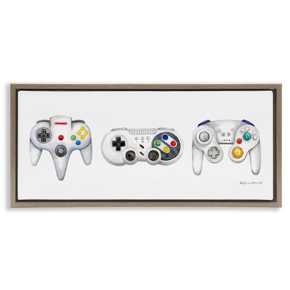 Stupell Industries Vintage Video Game Controllers Art for Kids Painting Brown Floater Framed Canvas Art Print Wall Art, 25 x 11
