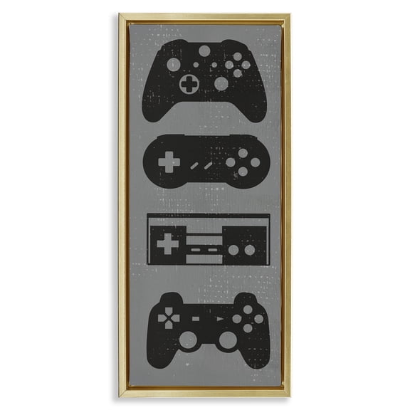 Stupell Industries Vintage Video Game Controllers Art for Kids Painting Gold Floater Framed Canvas Art Print Wall Art, 11 x 25
