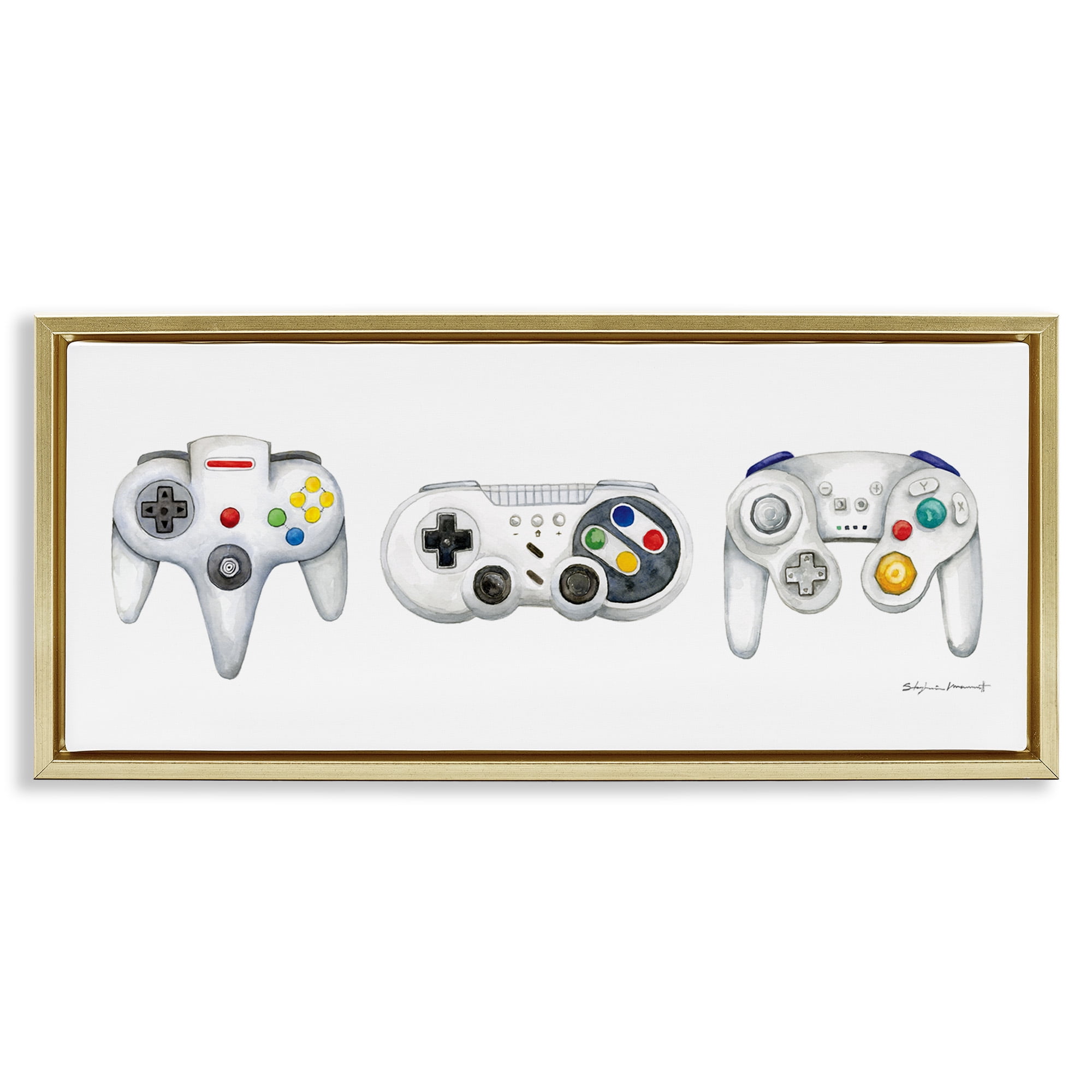 Stupell Industries Vintage Video Game Controllers Art for Kids Painting Gold Floater Framed Canvas Art Print Wall Art, 31 x 14
