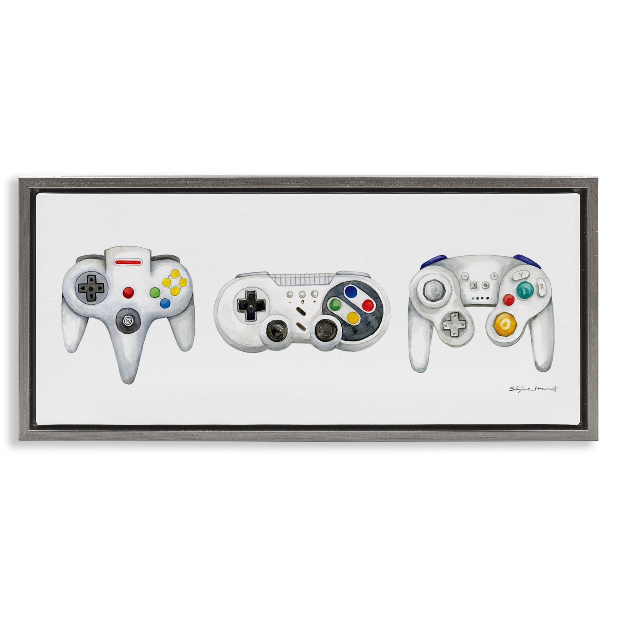 Stupell Industries Vintage Video Game Controllers Art for Kids Painting Gray Floater Framed Canvas Art Print Wall Art, 25 x 11