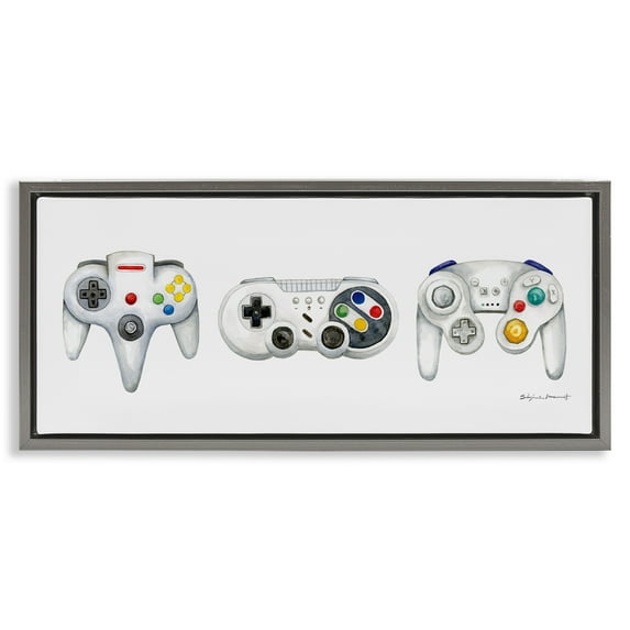 Stupell Industries Vintage Video Game Controllers Art for Kids Painting Gray Floater Framed Canvas Art Print Wall Art, 25 x 11