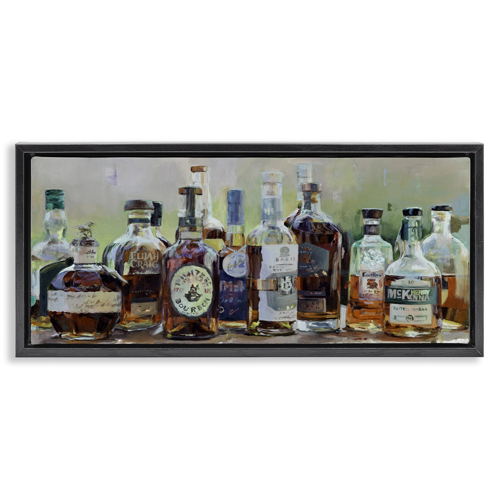 Stupell Industries Vintage Whiskey Bottles Display Black Framed Floater Canvas Wall Art, design by Marilyn Hageman