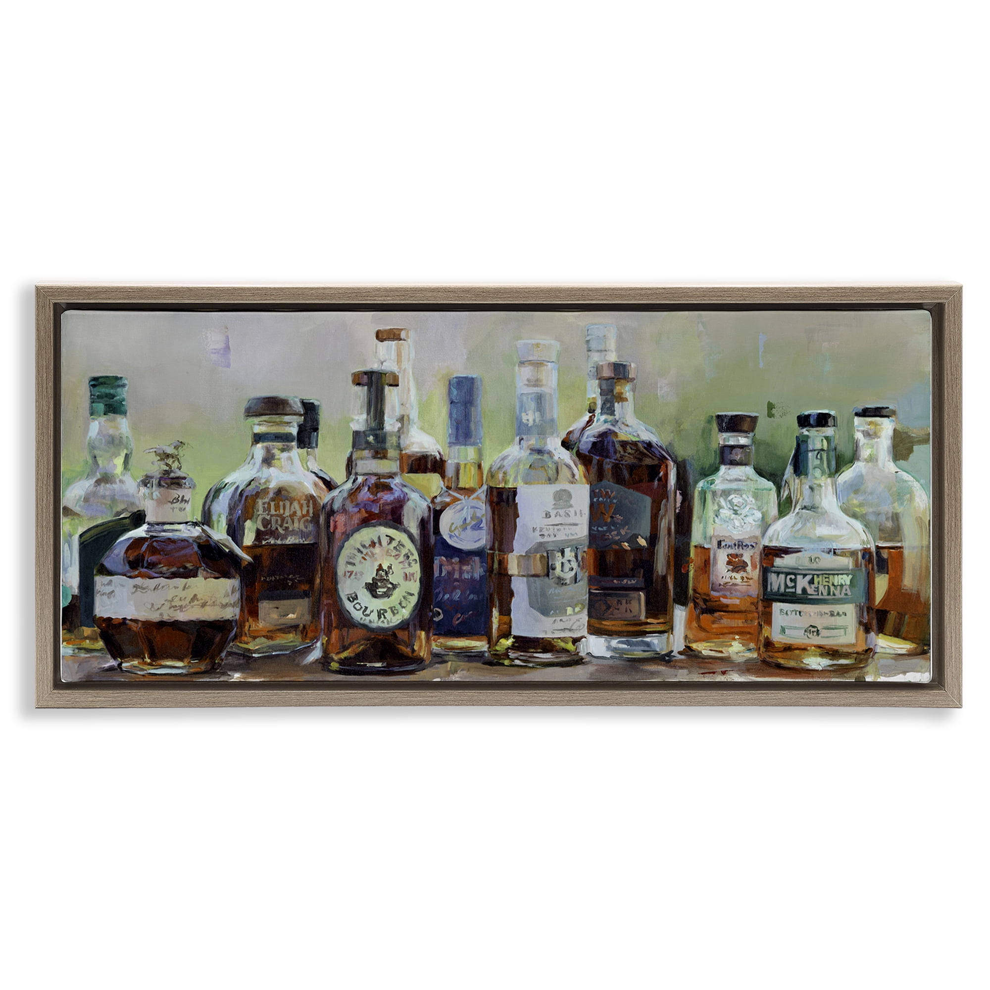 Stupell Industries Vintage Whiskey Bottles Display Brown Framed Floater Canvas Wall Art, design by Marilyn Hageman