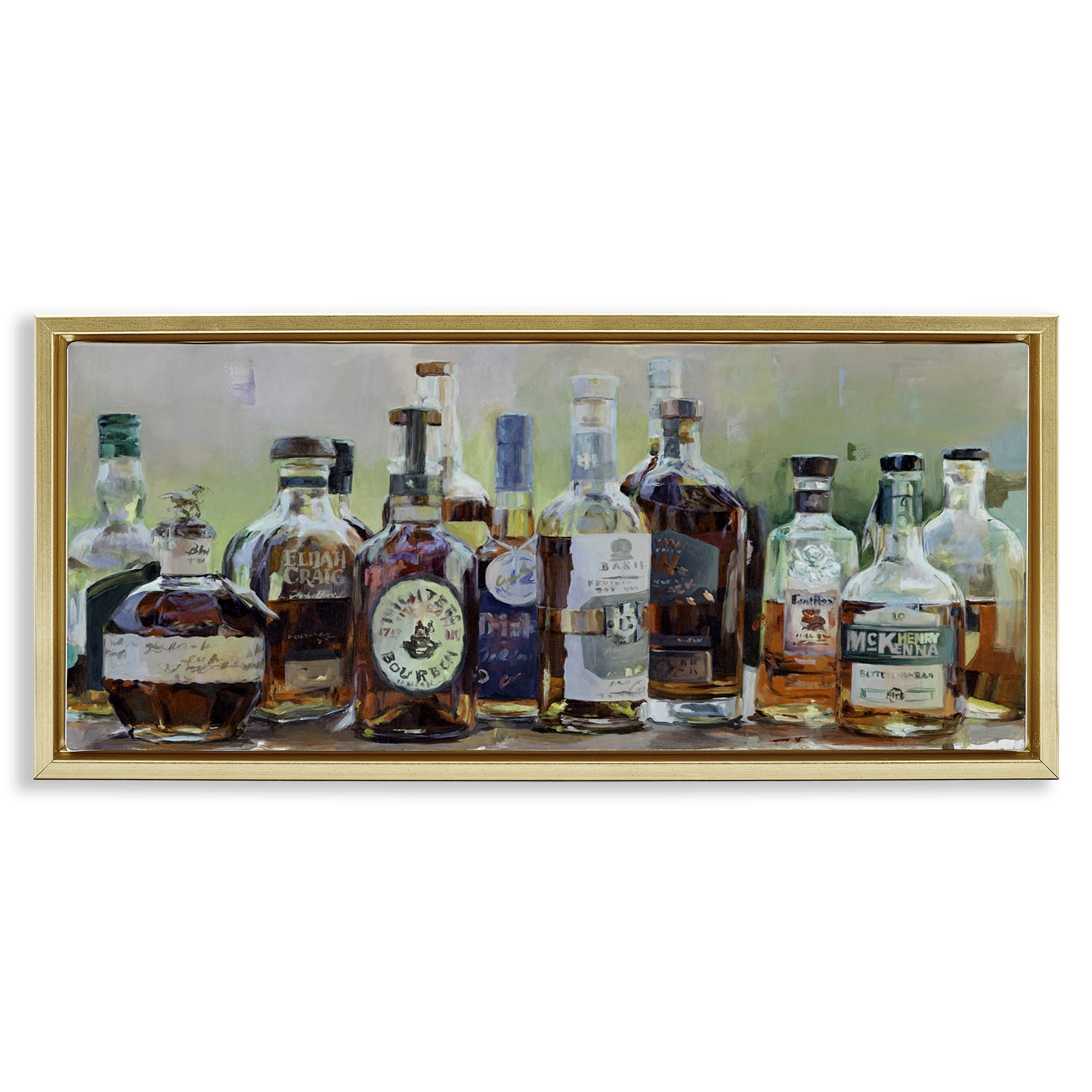 Stupell Industries Vintage Whiskey Bottles Display Gold Framed Floater Canvas Wall Art, design by Marilyn Hageman