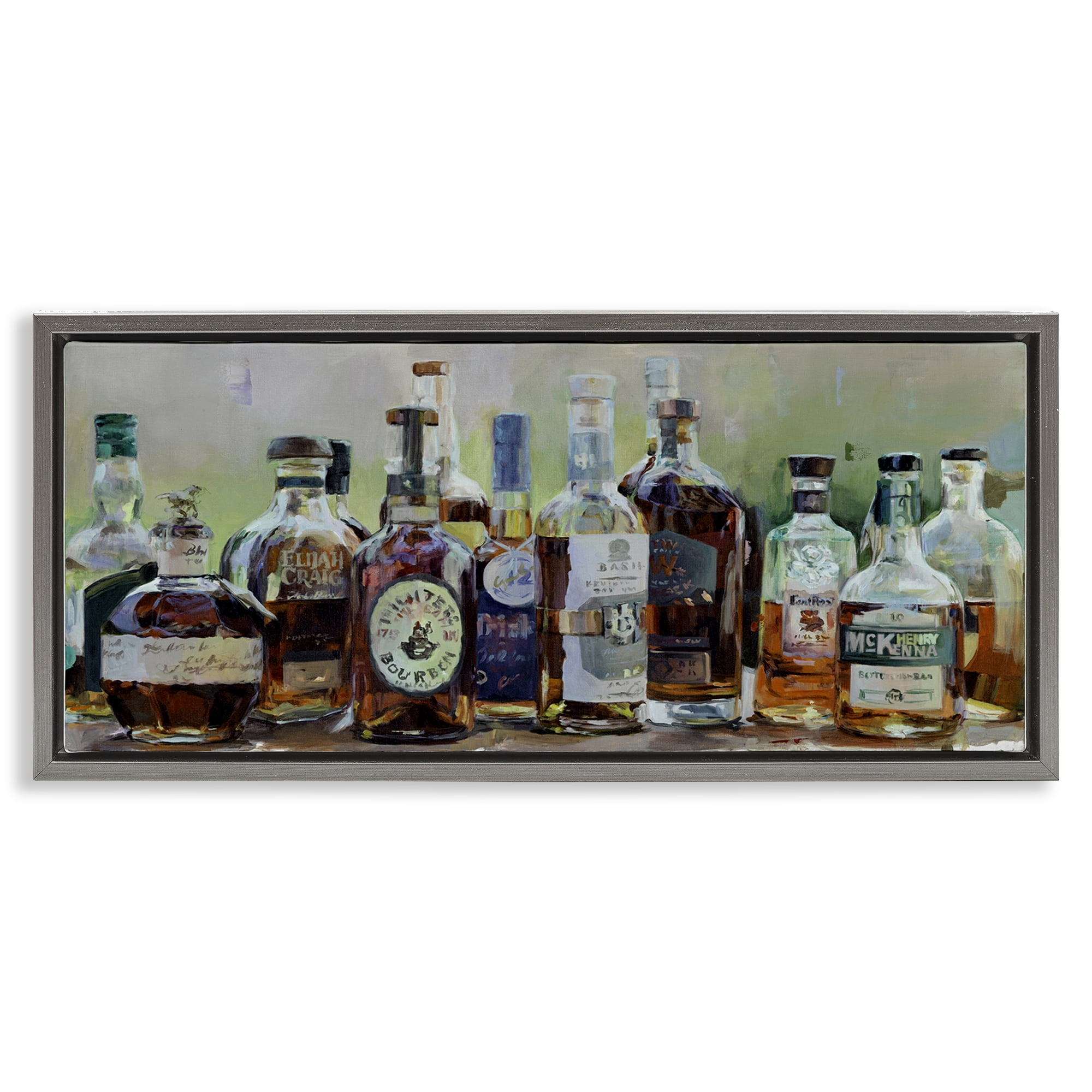 Stupell Industries Vintage Whiskey Bottles Display Gray Framed Floater Canvas Wall Art, design by Marilyn Hageman