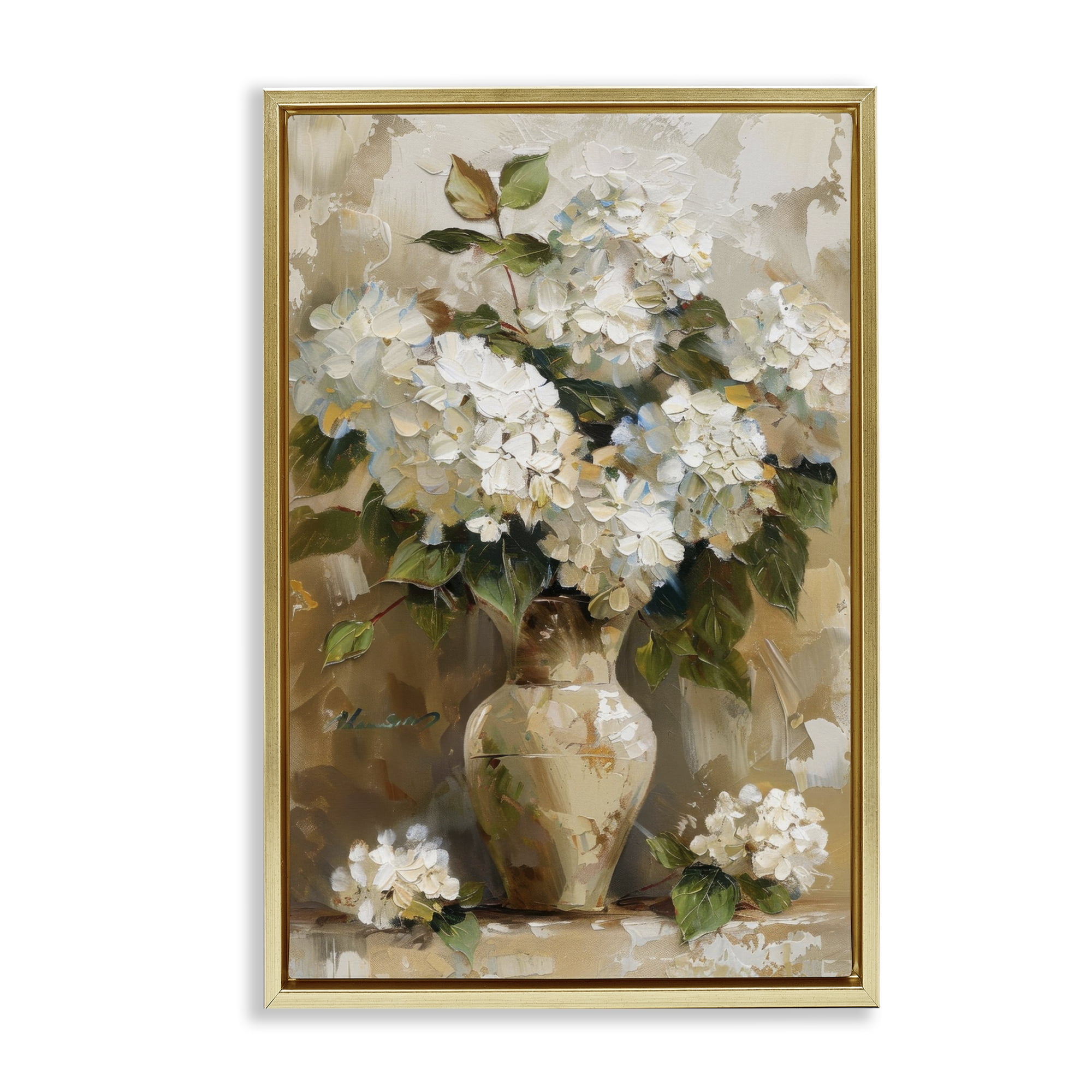 Stupell Industries Vintage White Hydrangeas Plants & Flowers Painting Gold Floater Framed Canvas Art Print Wall Art, 17 x 25
