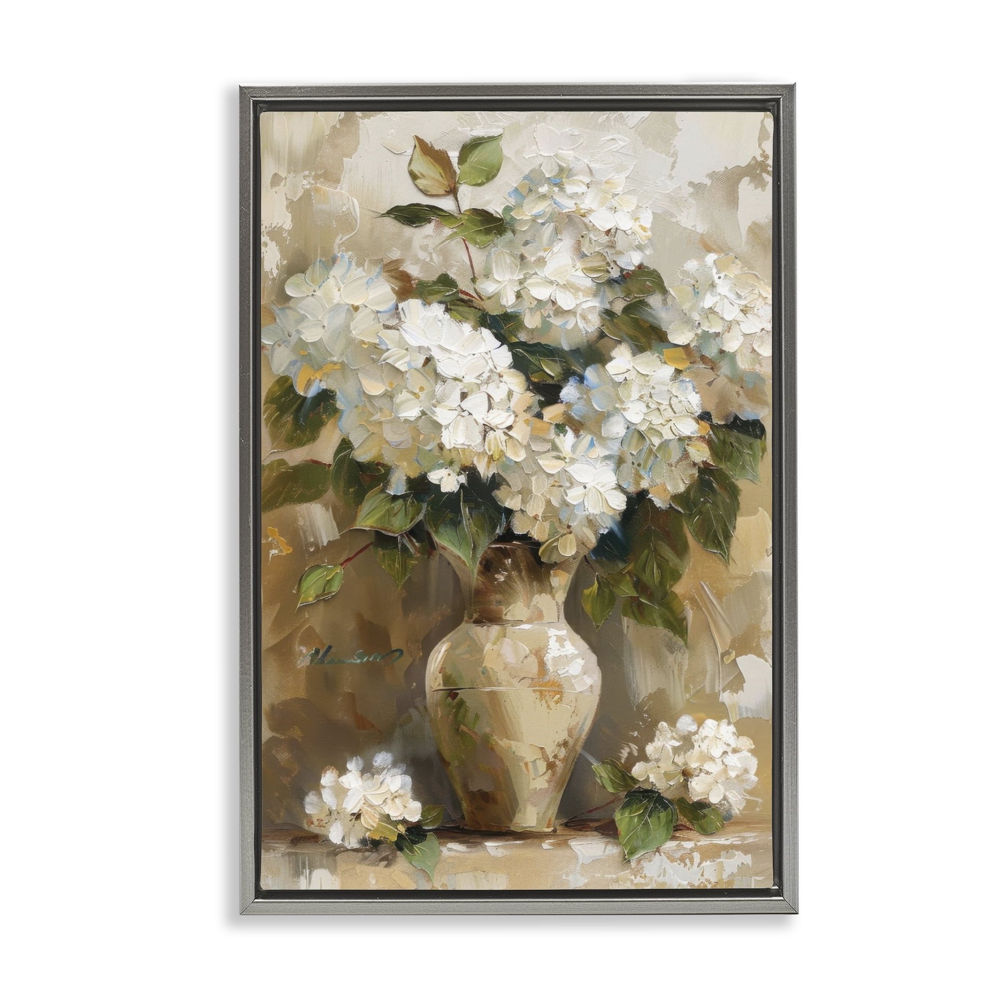 Stupell Industries Vintage White Hydrangeas Plants & Flowers Painting Gray Floater Framed Canvas Art Print Wall Art, 21 x 31