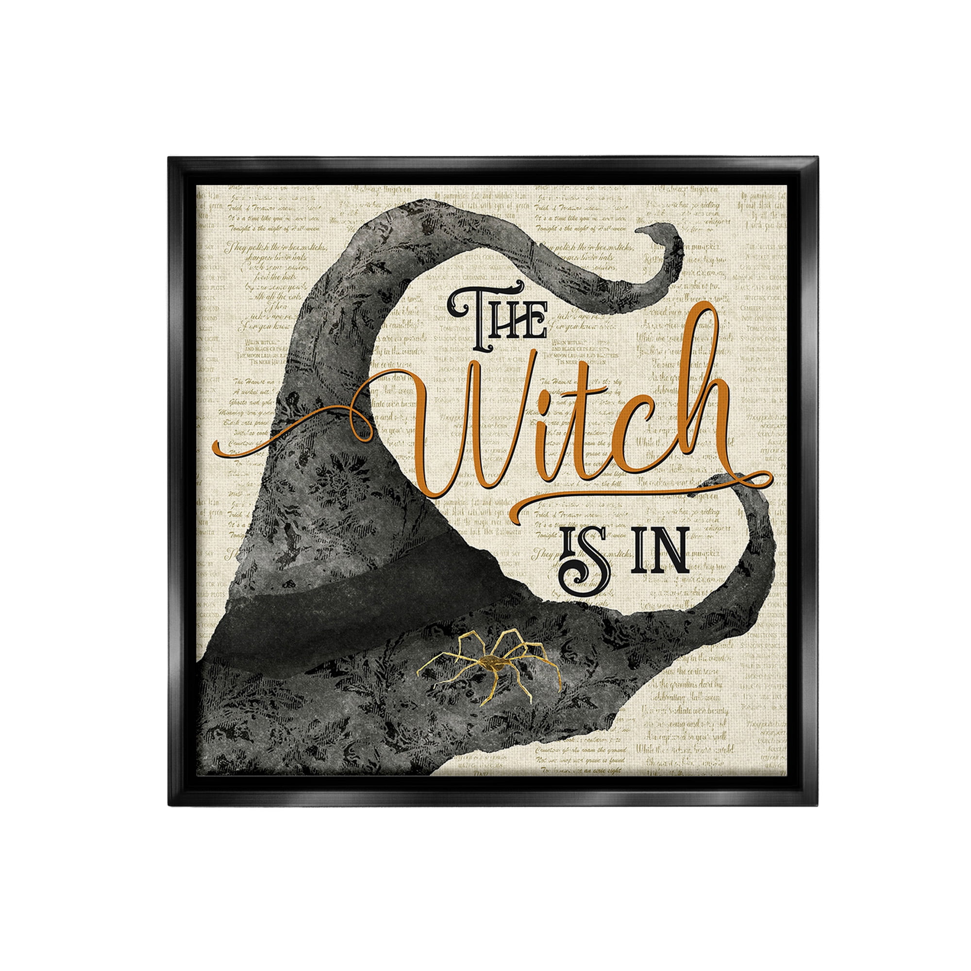 Stupell Industries Vintage Witch Hat Phrase Holiday Painting Black Floater Framed Canvas Art Print Wall Art, 18 x 18