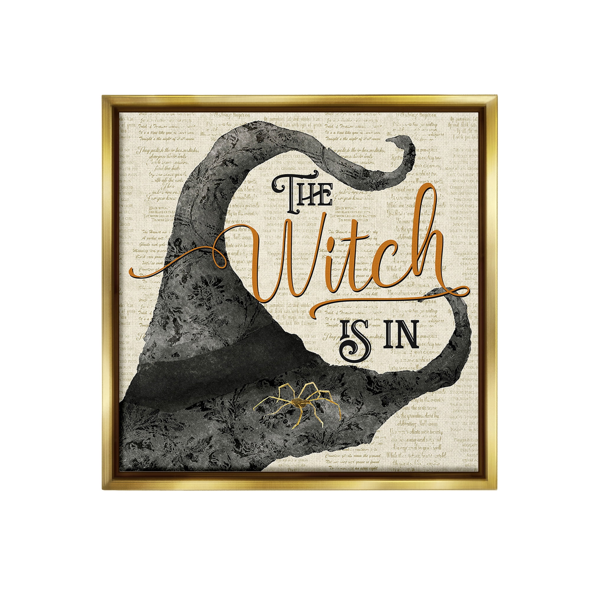 Stupell Industries Vintage Witch Hat Phrase Holiday Painting Gold Floater Framed Canvas Art Print Wall Art, 25 x 25