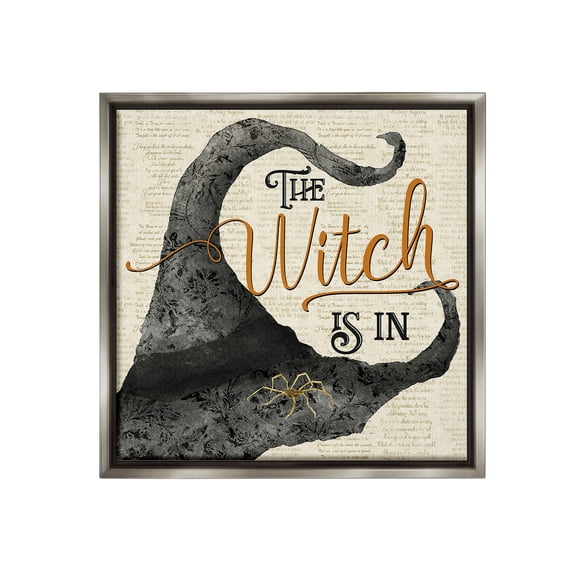 Stupell Industries Vintage Witch Hat Phrase Holiday Painting Gray Floater Framed Canvas Art Print Wall Art, 18 x 18