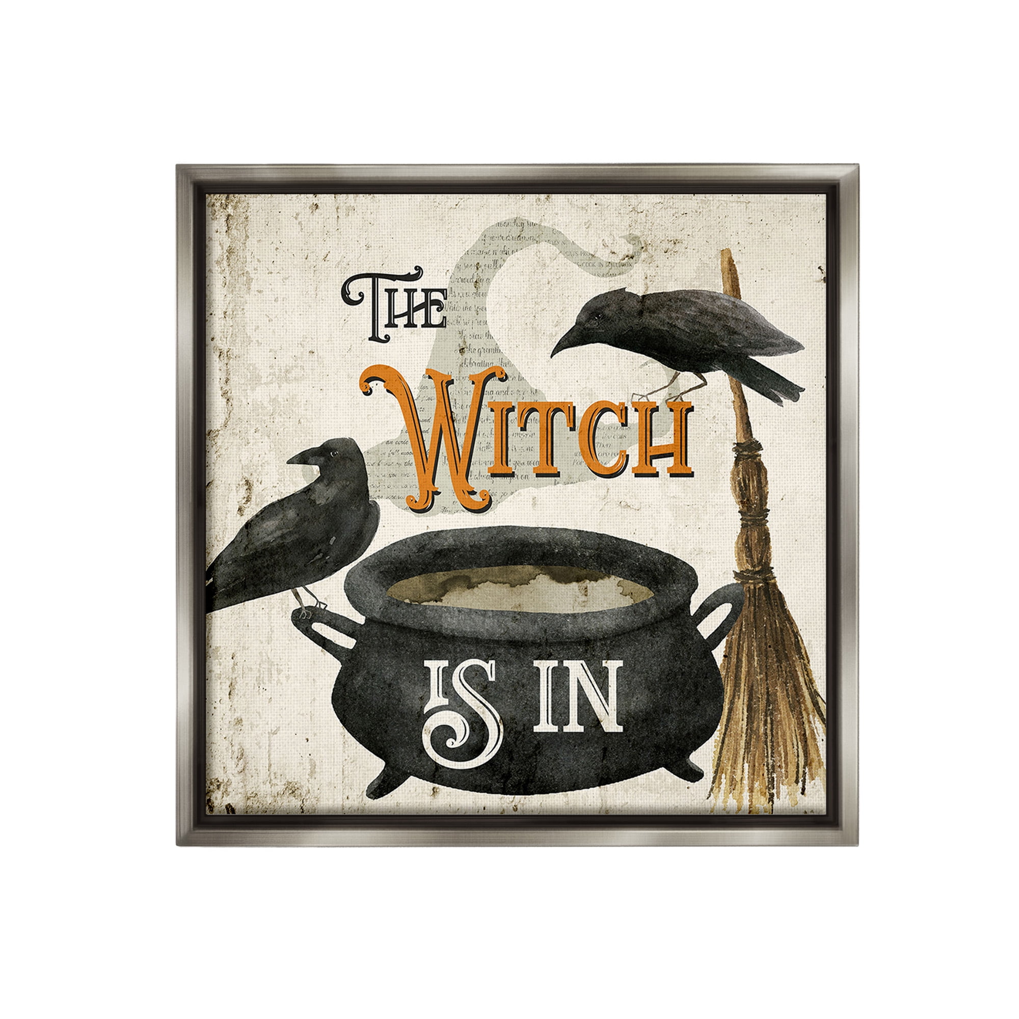 Stupell Industries Vintage Witch Is In Holiday Painting Gray Floater Framed Canvas Art Print Wall Art, 25 x 25