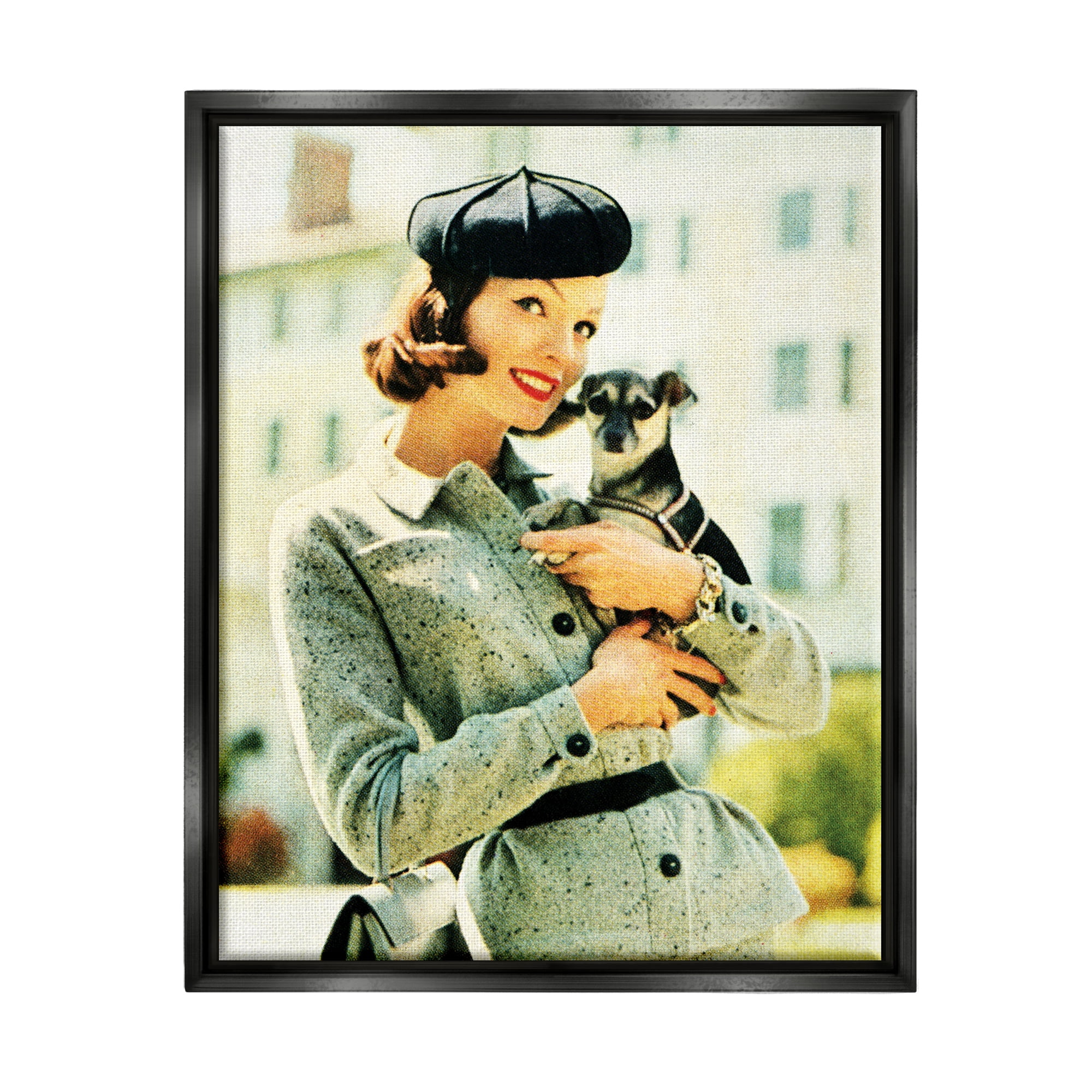 Stupell Industries Vintage Woman & Dog Portrait Beauty & Fashion Photography Black Floater Framed Art Print Wall Art