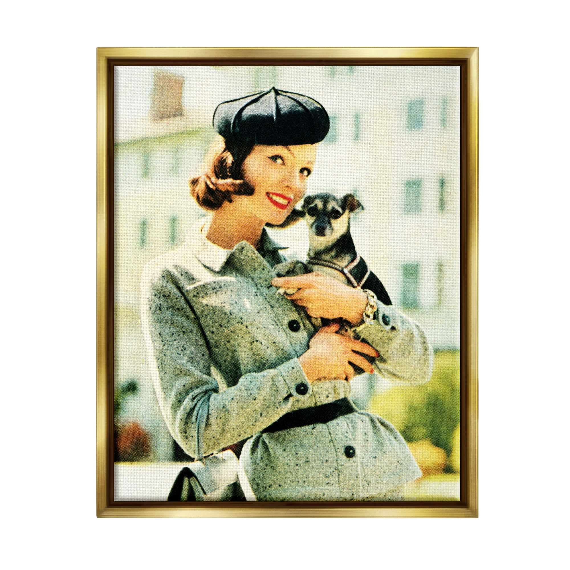 Stupell Industries Vintage Woman & Dog Portrait Beauty & Fashion Photography Gold Floater Framed Art Print Wall Art