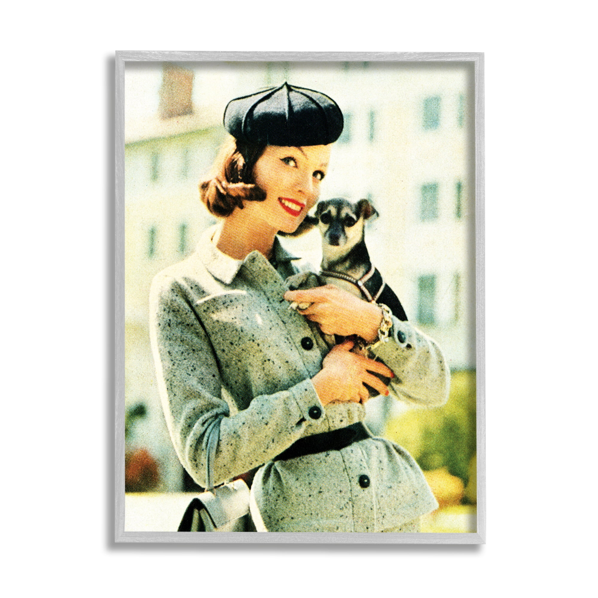 Stupell Industries Vintage Woman & Dog Portrait Beauty & Fashion Photography Gray Framed Art Print Wall Art