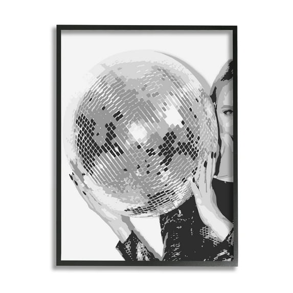 Stupell Industries Vintage Woman Holding Disco Ball Beauty & Fashion Painting Black Framed Art Print Wall Art